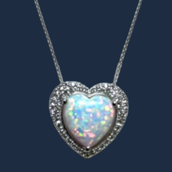 Sterling Silver Heart Shaped Lab Created Opal and Sapphire Necklace - Picture 6 of 7